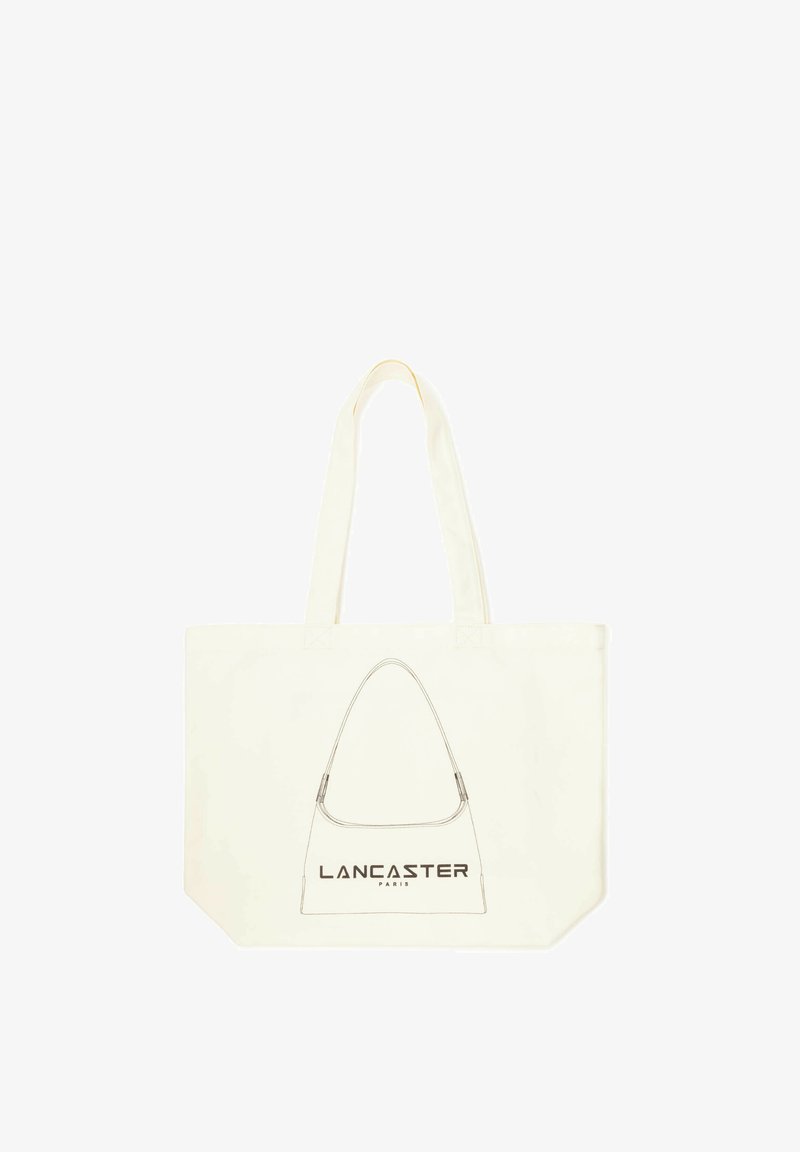 Sac cabas en toile blanche avec deux anses et un croquis en contour noir d’un sac à main au-dessus du mot « LANCASTER PARIS » à l’avant.
