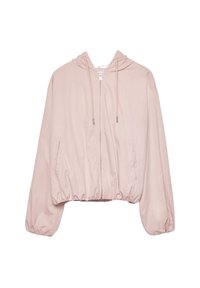 Jasnoróżowa, krótka kurtka bomberka z kapturem, elastycznym dołem, zamkiem błyskawicznym z przodu i bocznymi kieszeniami. Gładka, lekka tkanina.