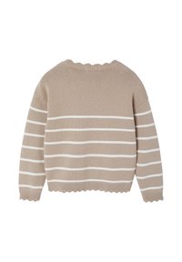 Beige gestrickter Pullover mit weißen horizontalen Streifen, mit gewelltem Ausschnitt und Saum, langen Ärmeln, weicher Textur und lässiger Passform.