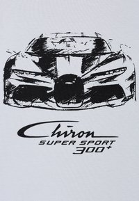 Disegno a linee nere di una Bugatti Chiron su tessuto bianco, con dettagli di design angolari, griglia prominente e testo sottostante che recita "Chiron SUPER SPORT 300+".