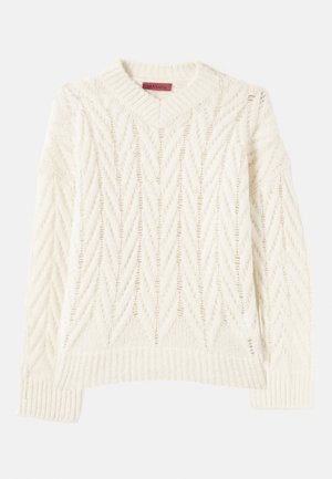 Maglione lavorato a maglia color crema con collo a girocollo ribbed, caratterizzato da un motivo a zigzag testurizzato e linee multidirezionali, maniche lunghe e orlo dritto.