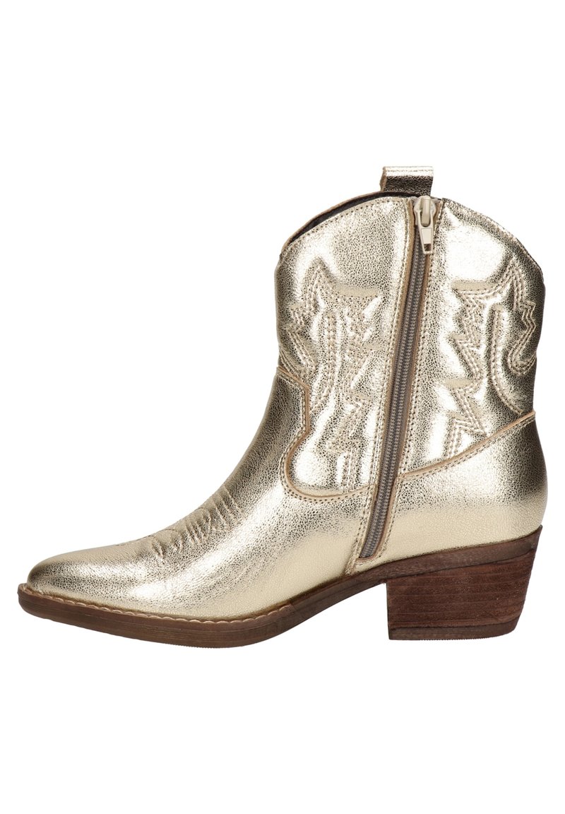 Metalen gouden cowboylaars met ingewikkelde stikdetails, puntige neus, zijrits en een middelhoge houten hak. Glad, glanzend oppervlak.