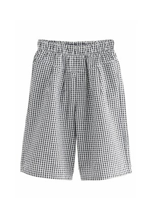 Pantaloni a quadri bianchi e neri in gingham con vita elastica, caratterizzati da pieghe per un volume aggiuntivo e una vestibilità rilassata.