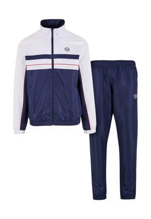 Navy tracksuit with a zip-up jacket featuring white and red horizontal stripes, elastic cuffs, and matching pants with an elastic waistband.