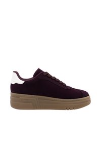 Maroon suede sneakers with a white heel tab, brown laces, and a thick gum sole. Features a smooth texture and a rounded toe design.