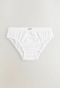 Culotte blanche en coton avec une taille élastique, présentant une texture subtile et des côtés froncés. L'étiquette de la marque "NEXT" est cousue sur la taille.