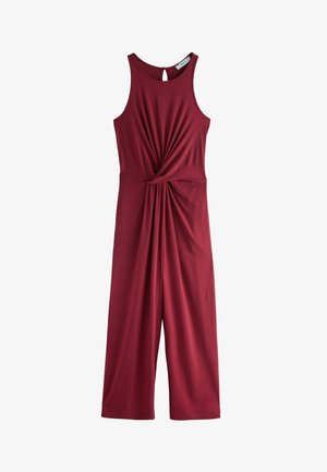 Ärmelloser dunkelroter Jumpsuit mit hohem Ausschnitt, vorderem Twist-Detail an der Taille und weit geschnittenen, kurz geschnittenen Hosenbeinen.