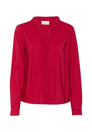 Röd långärmad blus i lättviktsmaterial, med en volangad V-halsringning och en placket med volangdetaljer längs framsidan.