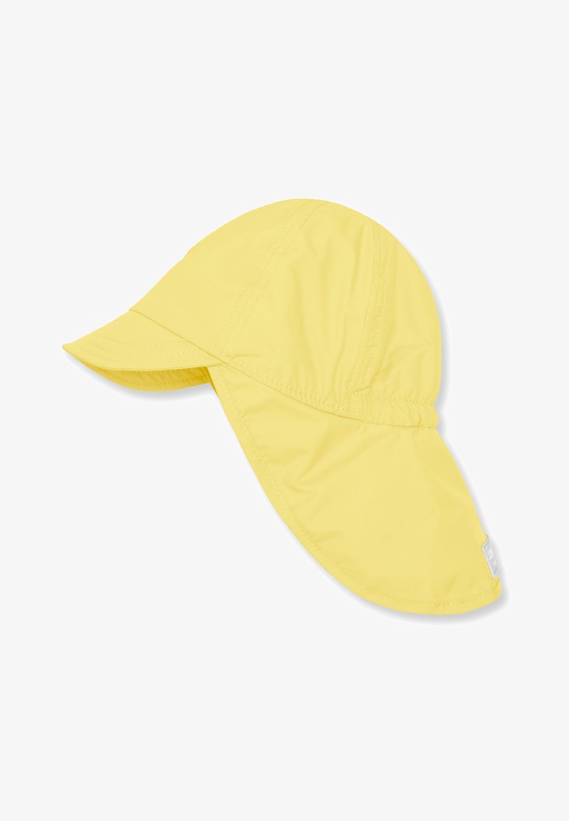 Κίτρινο καπέλο ήλιου κατασκευασμένο από ελαφρύ ύφασμα, με φαρδύ γείσο, ελαστική πλάτη για τέλεια εφαρμογή και ραμμένη λεπτομέρεια σε όλη την επιφάνεια.