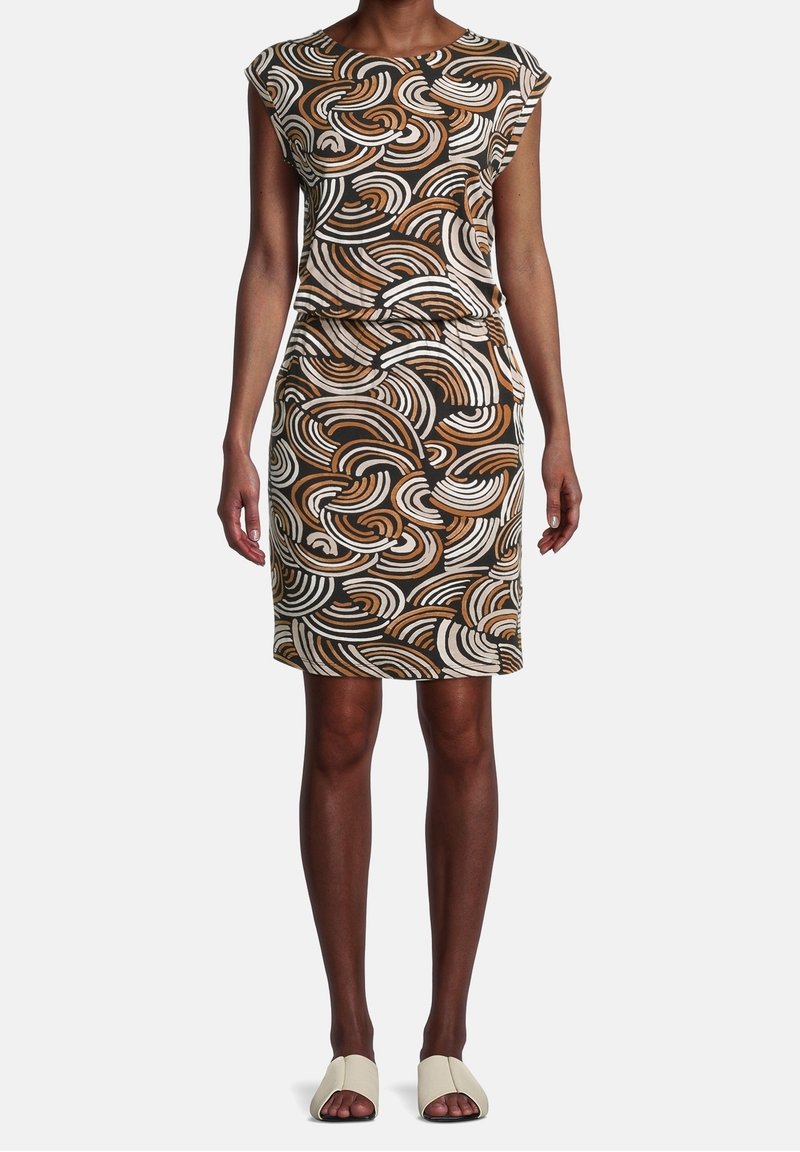 Kurzes Ärmeldress mit gewundenem abstraktem Muster in Braun, Weiß und Schwarz. Figurbetonte Silhouette, knielang und mit glatter Stoffstruktur.
