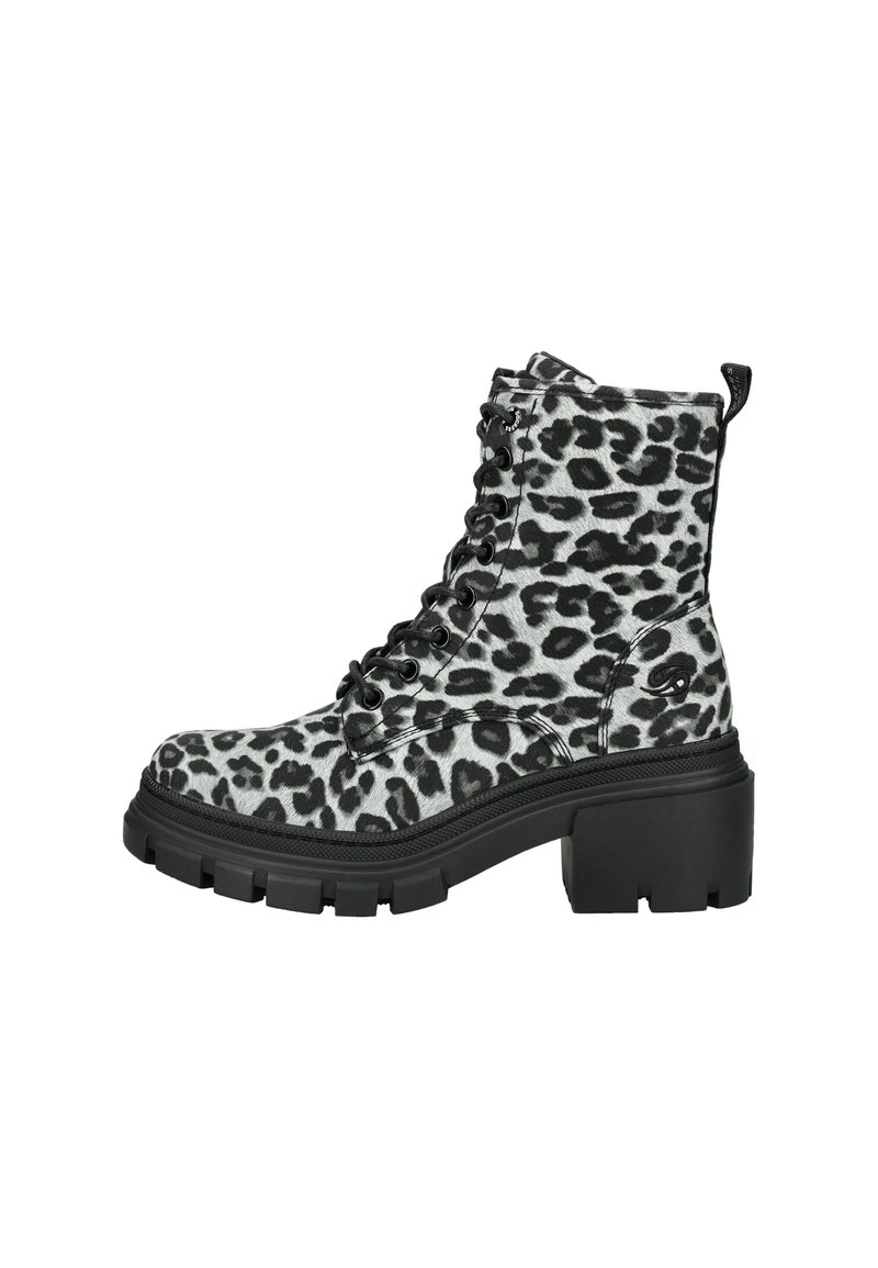 Kotníkové boty s leopardím vzorem v šedé a černé barvě, se silným černým podpatkem, kulatou špičkou a šněrováním s poutkem.