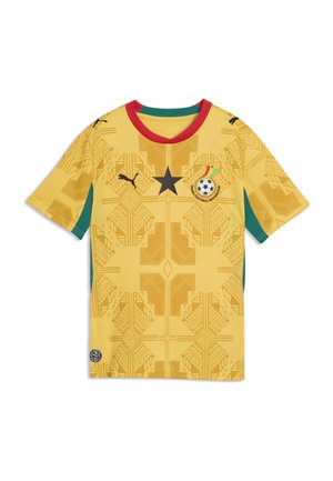 Gul fodboldtrøje med rød krave, sort stjerne, Ghana Football Association-logo med regnbue, sorte Puma-logoer og geometrisk mønster.