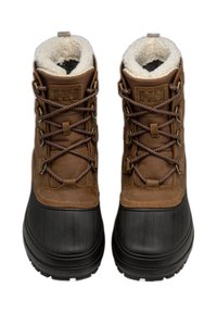Botas de invierno de cuero marrón y goma con forro de pelaje sintético, diseño con cordones y suelas de goma texturizadas. Refuerzos en la puntera y el talón.