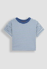Blå og hvid stribet kortærmet bomulds-t-shirt med rund hals og en afslappet pasform. Let forkortet længde.