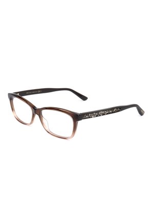 Occhiali rettangolari con sfumatura dal marrone al nero, lenti trasparenti e aste nere decorate con piccoli strass scuri e chiari.