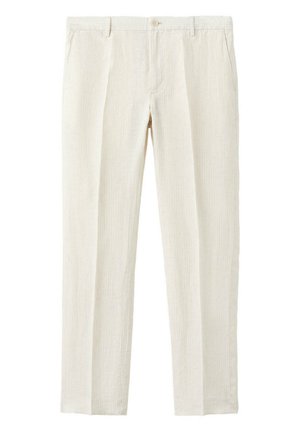 Pantalon beige à jambes droites avec fermeture à bouton et zip devant, poches latérales et texture verticale subtile.