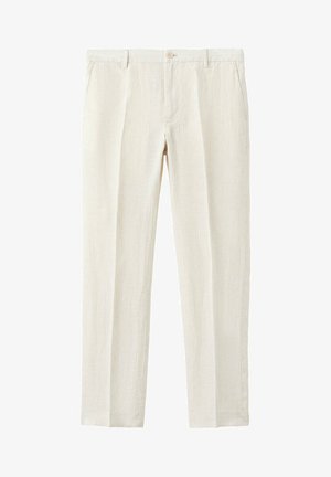 Pantalon beige à jambes droites avec fermeture à bouton et zip devant, poches latérales et texture verticale subtile.