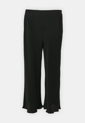 Pantalones negros de pierna ancha con pliegues verticales, cinturilla elástica, dobladillo ligeramente acampanado y una textura suave.