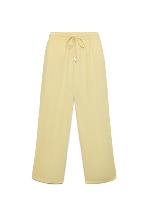 Light yellow wide-leg pants with elastic waistband and drawstring tie, shown flat on a white background.