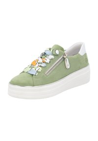 Green suede sneaker with white accents, decorative multi-colored laces, side zipper, and a thick white sole.