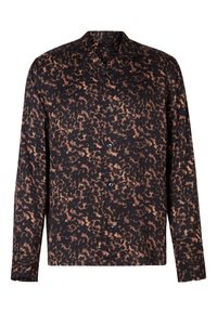 Camicia a maniche lunghe con bottoni di colore nero con una stampa leopardata astratta marrone. Presenta un colletto classico e bottoni frontali. Tessuto dalla consistenza morbida.