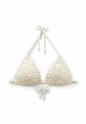 Weißes, dreieckiges Bikinioberteil mit Pailletten, Neckholder und Schnürverschluss vorne, flach auf weißem Hintergrund dargestellt.
