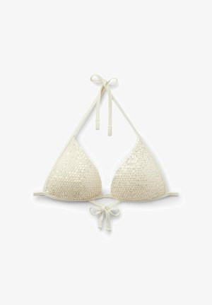 Weißes, dreieckiges Bikinioberteil mit Pailletten, Neckholder und Schnürverschluss vorne, flach auf weißem Hintergrund dargestellt.