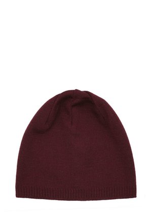 Burgundy beanie hat with a soft knit texture, rounded top, and a cuffed hem. Simple design without patterns or embellishments.