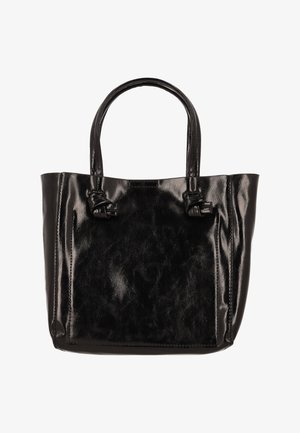 Schwarze glänzende Ledertasche mit zwei abgerundeten Griffen und geknoteten Details an den Griffbasen, strukturierte rechteckige Form.