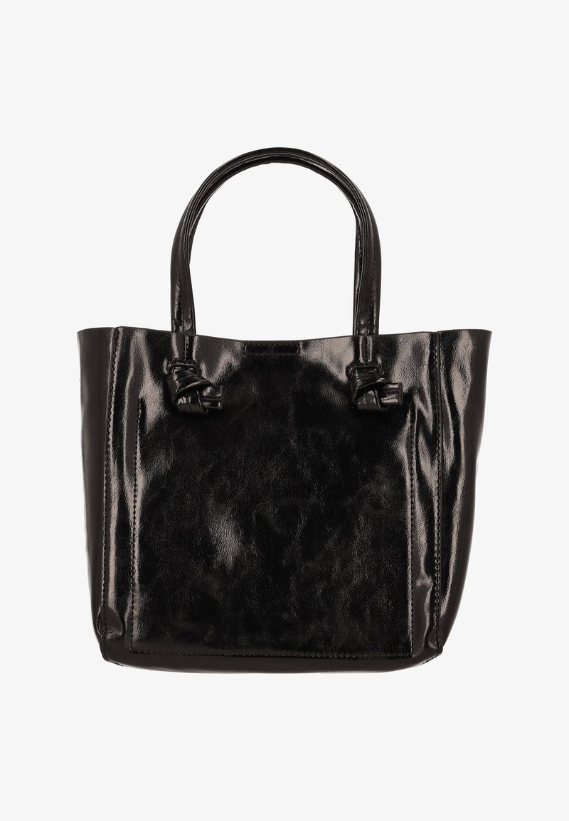 Černá lesklá kožená kabelka se dvěma zaoblenými uchy a uzlovými detaily u základů úchytů, strukturovaný obdélníkový tvar.