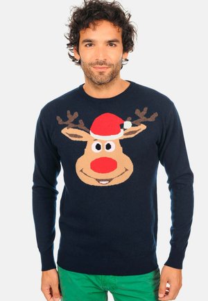 Dunkelblaues Sweatshirt mit einem großen Rentiergesicht-Design, roter Nase und Weihnachtsmannmütze, aus weichem Stoff, mit gerippten Bündchen und Saum.