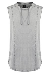 Top senza maniche in denim grigio con cappuccio, caratterizzato da cinghie laterali a contrasto e orlo curvo. Tessuto morbido con dettagli di cucitura a contrasto.
