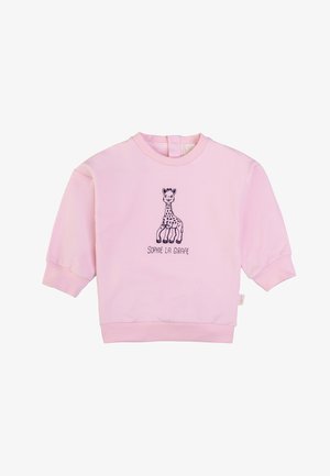 Rosa Sweatshirt mit langen Ärmeln, das ein gesticktes Giraffen-Motiv und den Text "SOPHIE LA GIRAFFE" darunter zeigt. Aus weichem Baumwollmaterial.