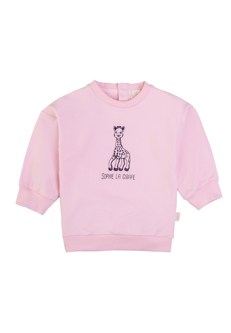 Felpa rosa con maniche lunghe, caratterizzata da un design ricamato di una giraffa e la scritta "SOPHIE LA GIRAFFE" sotto. Materiale in puro cotone.