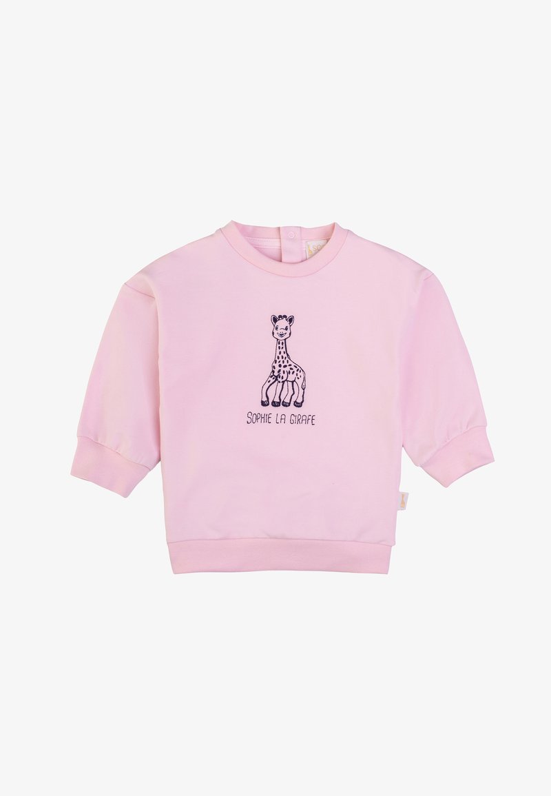 Felpa rosa con maniche lunghe, caratterizzata da un design ricamato di una giraffa e la scritta "SOPHIE LA GIRAFFE" sotto. Materiale in puro cotone.