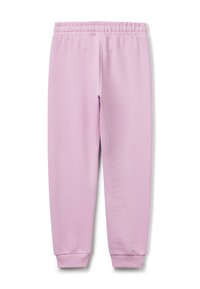 Helle rosa Sweatpants aus weichem Stoff, mit einem elastischen Bund und Bündchen an den Knöcheln. Keine sichtbaren Muster oder zusätzlichen Details.