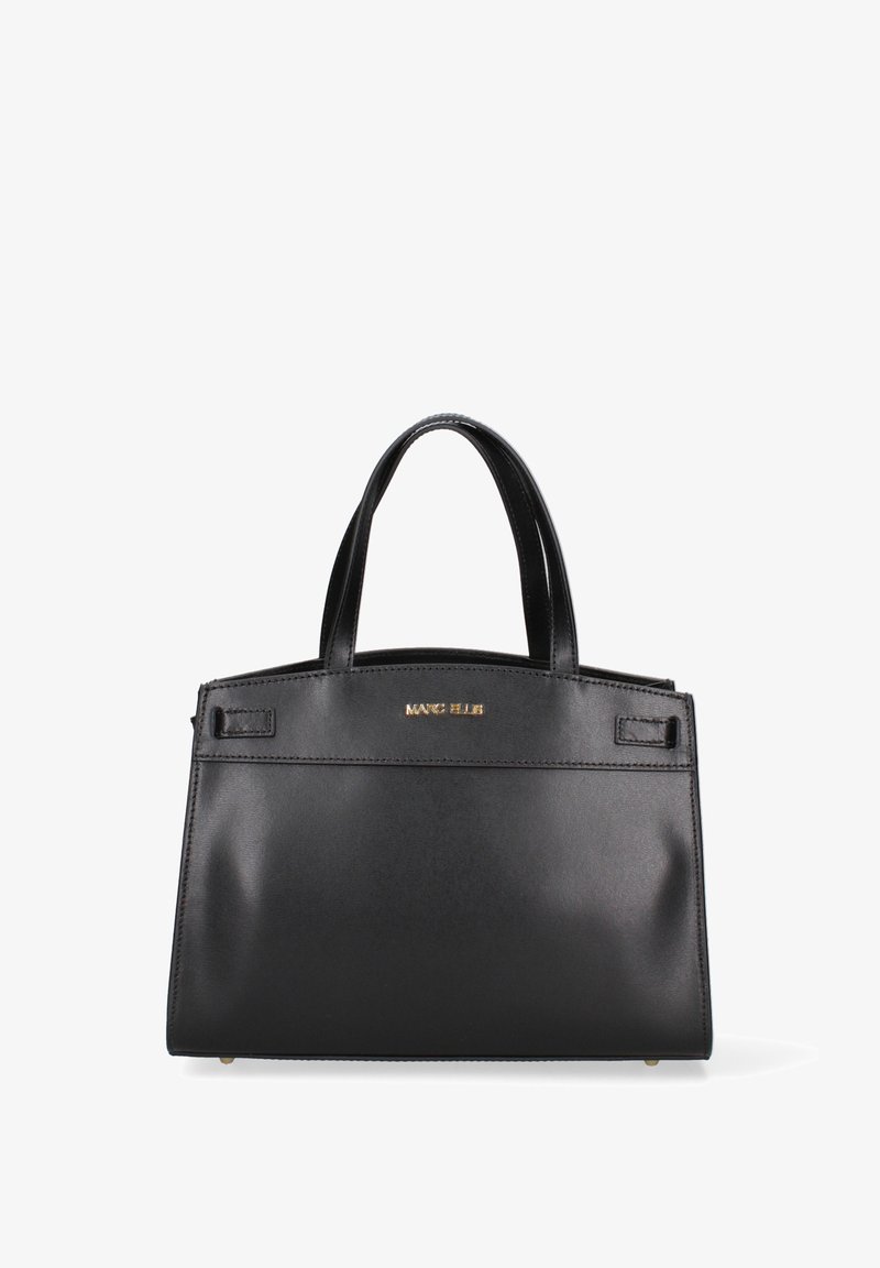 Sac à main en cuir noir avec deux anses et logo doré "Marc Ellis" centré près du haut, positionné debout sur un fond blanc.