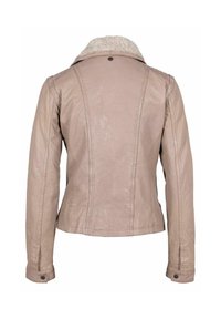 Beige leren jasje met een schapenvachtkraag, aansluitend ontwerp en zichtbare stiksels. Drukknopen op de mouwen en rugdetail.