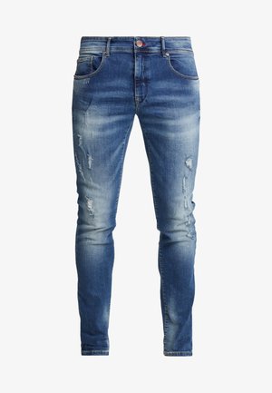 Slim-fit blauwe denim jeans met een vervaagde afwerking, versleten details, vijf zakken en een knoopsluiting.