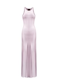 Abito maxi di un rosa chiaro, realizzato in tessuto morbido e lucente. Design senza maniche con scollatura rotonda e silhouette dritta. Presenta uno spacco frontale.