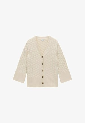 Lys beige strikket cardigan med v-hals, ribbede manchetter og fem store brune knapper. Har et struktureret kabelstrik mønster.