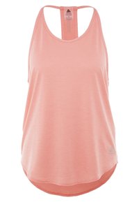 Světle korálový top na ramínka s jemnou texturou, kulatým výstřihem, designem se širokými průramky a zaobleným lemem. Má nenápadné logo na spodní přední části.