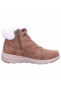 Botte de cheville en simili cuir marron avec col en fausse fourrure blanche, finition texturée, devant lacé et fermeture éclair sur le côté pour un enfilage facile. Semelle épaisse de couleur claire.