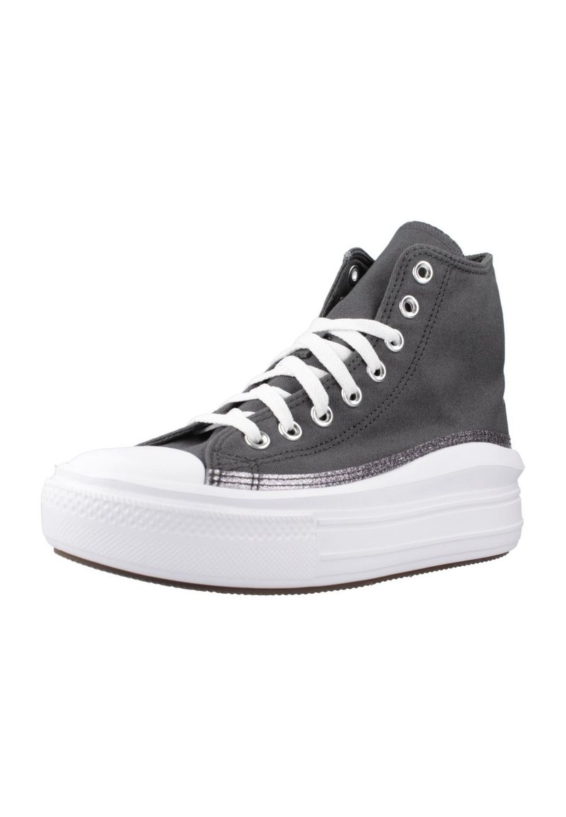 Zapatillas altas de lona gris con suela de goma blanca, que cuentan con cordones blancos, detalle de franja metálica y ojales plateados.