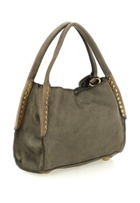 Borsa a mano in pelle verde oliva con doppi manici e dettagli in stud dorati lungo i lati e alla base dei manici.