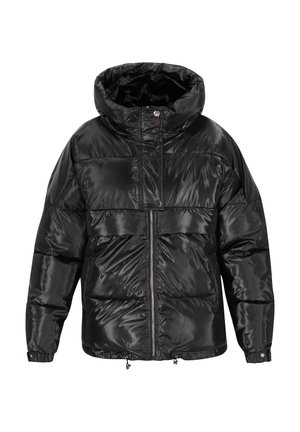 Schwarze Pufferjacke mit glänzender Oberfläche, ausgestattet mit einem hohen Kragen, Frontreißverschluss und elastischen Bündchen. Abschnitte mit horizontaler Nahtdetails.