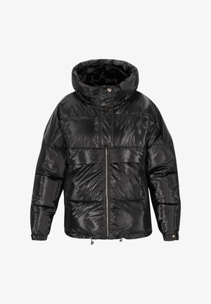 Schwarze Pufferjacke mit glänzender Oberfläche, ausgestattet mit einem hohen Kragen, Frontreißverschluss und elastischen Bündchen. Abschnitte mit horizontaler Nahtdetails.
