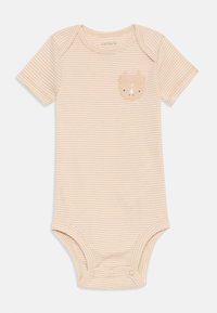 Krótki rękaw bodysuit dla niemowląt w beżowym kolorze w białe paski, z kieszonką z nadrukiem twarzy misia. Wykonany z miękkiej, oddychającej tkaniny.