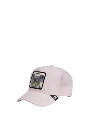 Gorra de béisbol rosa claro con malla en la parte trasera, con un parche de un koala sosteniendo hojas de eucalipto y la palabra "DOPE" en la parte frontal.