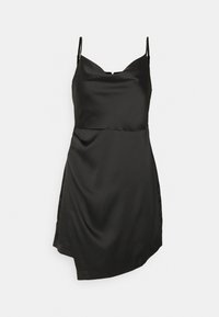 Vestido de satén negro con tirantes ajustables, escote en forma de V y dobladillo asimétrico, que destaca por su textura suave y diseño minimalista.